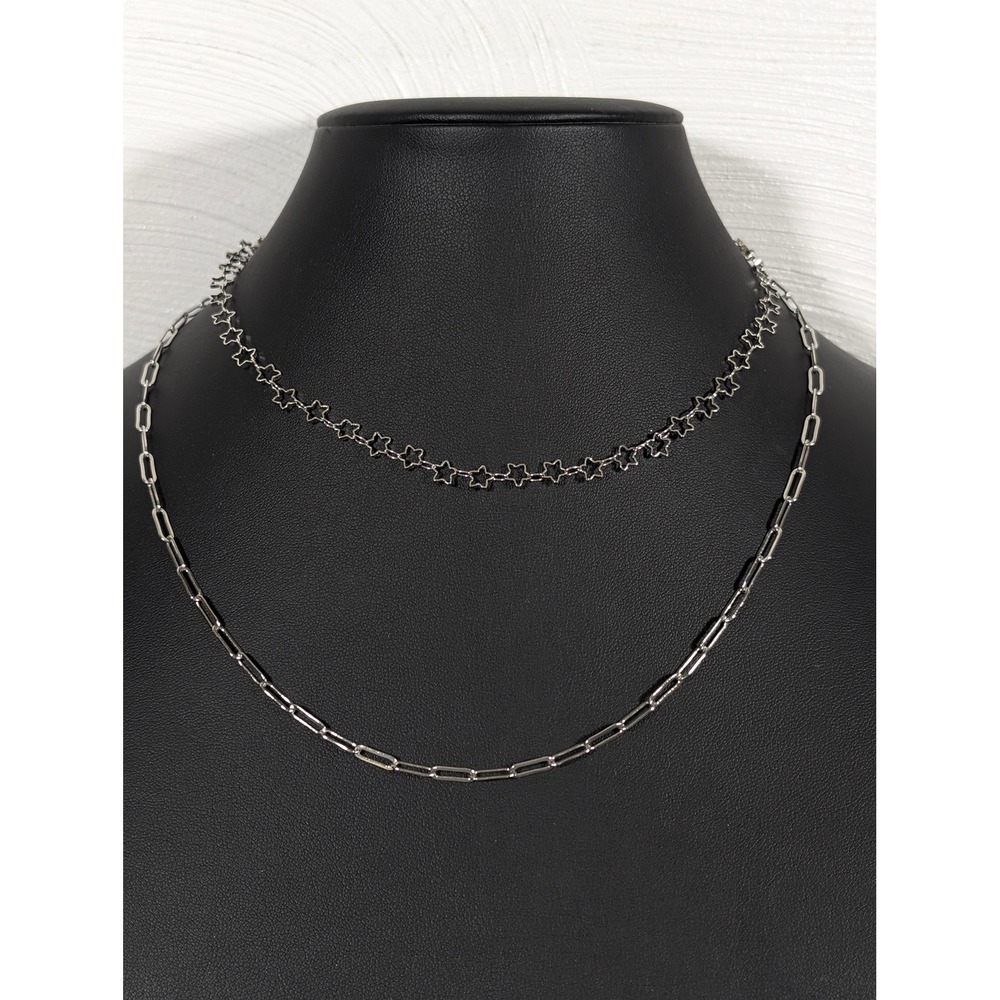 Pura Vida Silver Tone Chain Necklace Set 2 Pc Oval & Star Links 17" 19" Boho